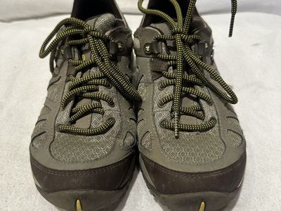 Merrell women’s size 6.5 olive/brown and yellow trim, waterproof hiking shoes