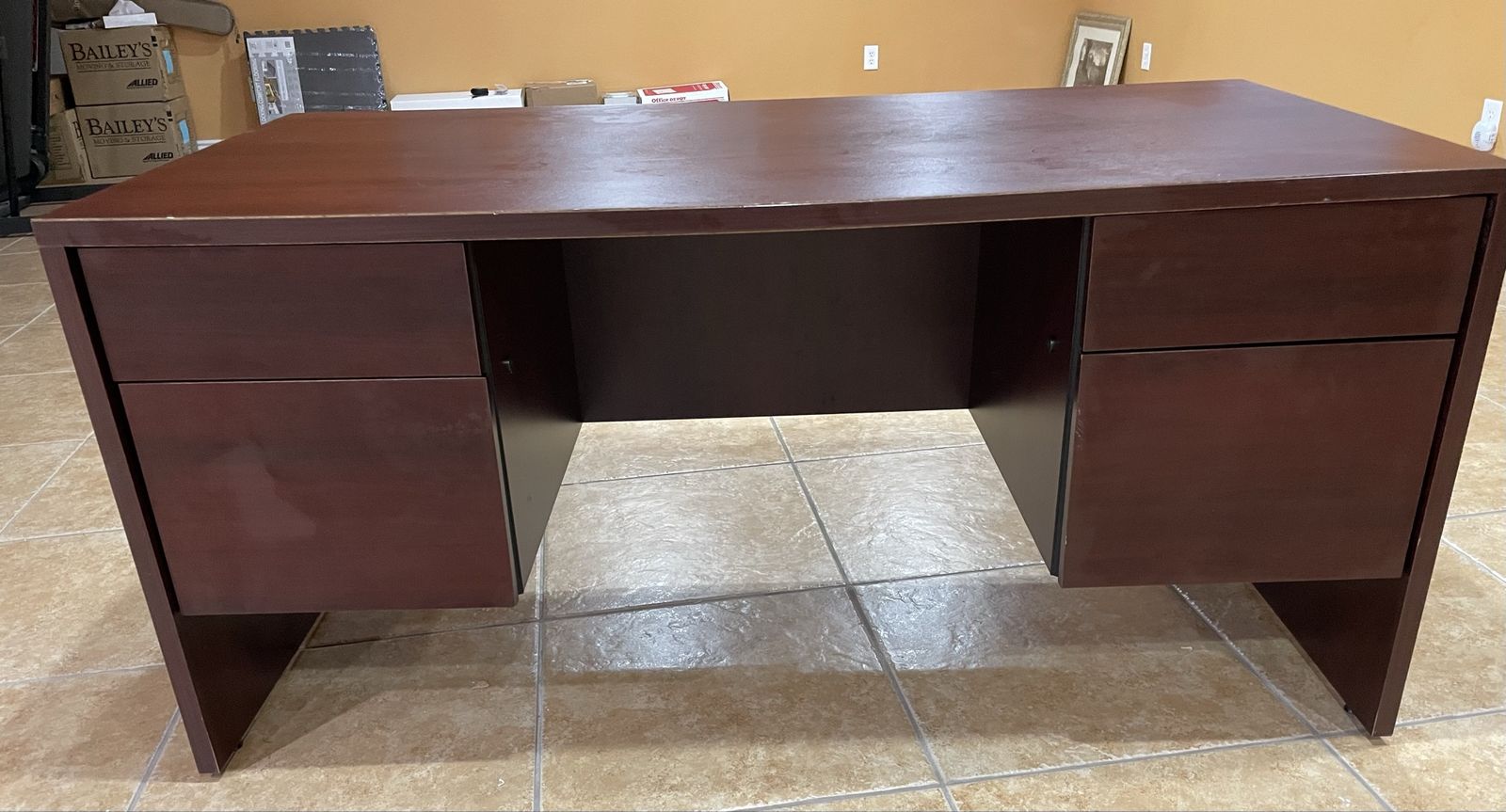 Used Executive Office Desk heavy duty - Dark Brown/Mahogany with 2 Drawers on each side