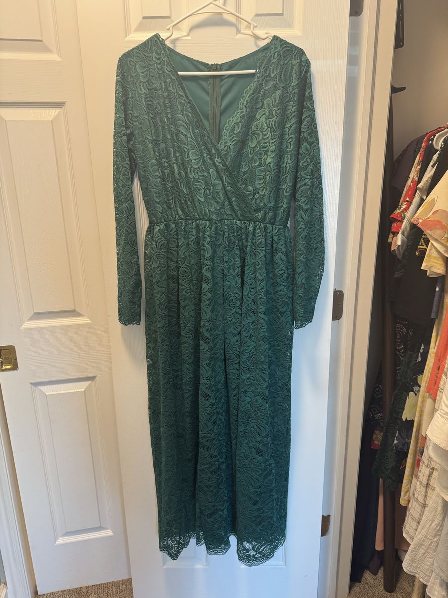 Size M Green Floral Lace Long Sleeve Faux-Wrap Maxi Dress
