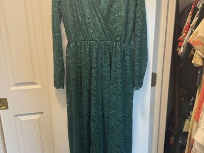 Size M Green Floral Lace Long Sleeve Faux-Wrap Maxi Dress