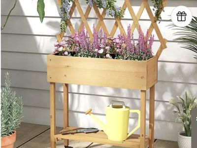 New in Box! Wooden Raised Garden Bed Planter with Trellis & Wheels - 51" Tall, 36" Wide