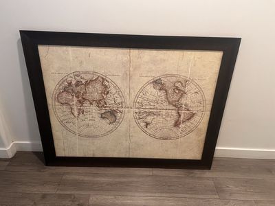 Discontinued Large Framed Antique Style World Map Wall Art Decor