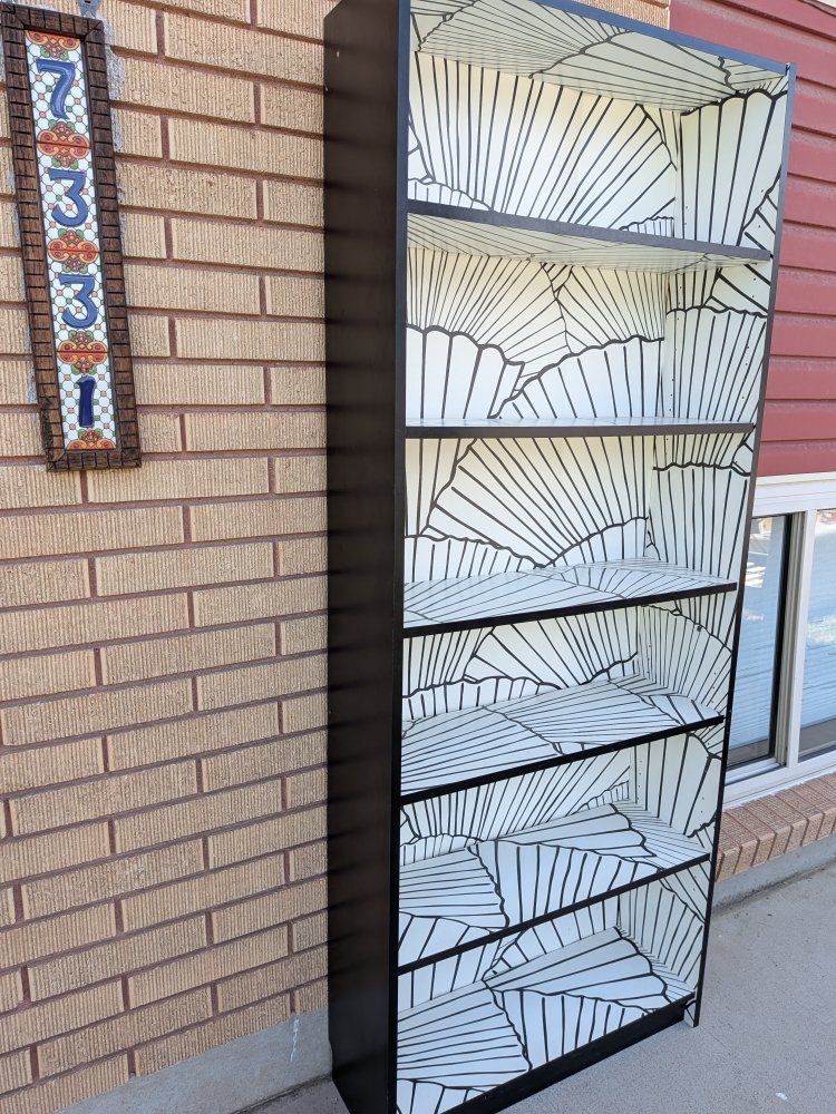 Black Bookshelf with Unique White & Black Geometric Pattern Interior - 6 Shelves