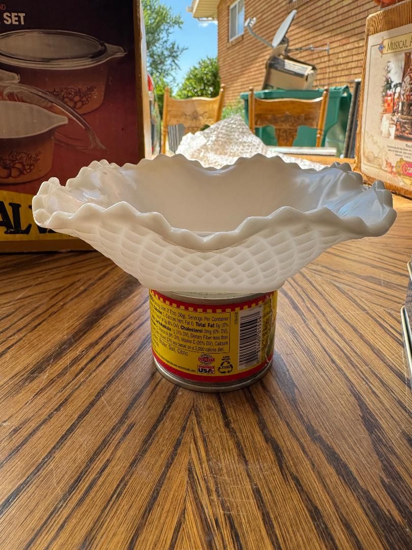 Vintage White Milk Glass Ruffled Edge Dish with Waffle Texture