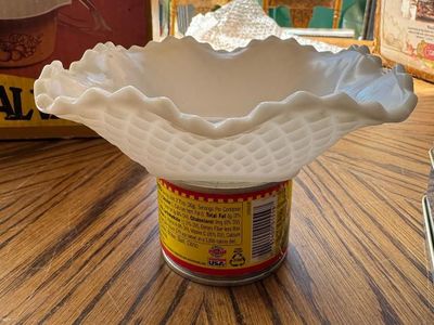 Vintage White Milk Glass Ruffled Edge Dish with Waffle Texture