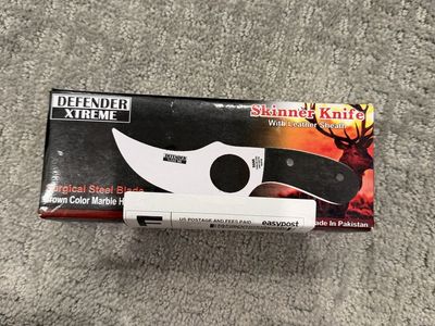 Defender Xtreme Skinner Knife Surgical Steel Blade Brown Marble Handle w/ Leather Sheath