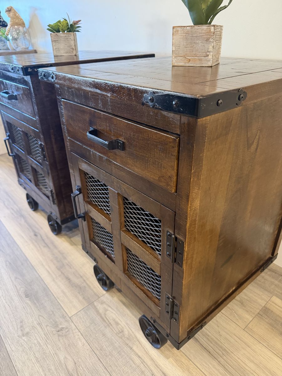 Gorgeous Industrial Rustic Wooden Rolling Nightstands/Side Tables with Drawer and Cabinet, Set of 2