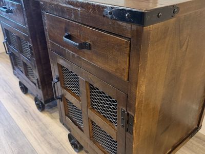Gorgeous Industrial Rustic Wooden Rolling Nightstands/Side Tables with Drawer and Cabinet, Set of 2