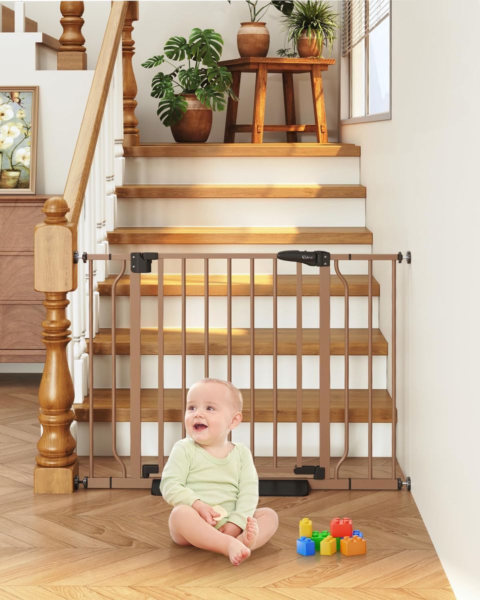 29"-40" Baby Gate for Stairs, Auto Close Stroller Friendly Dog Gate Indoor for Doorways, Pressure Mounted Baby Gate, Brown
