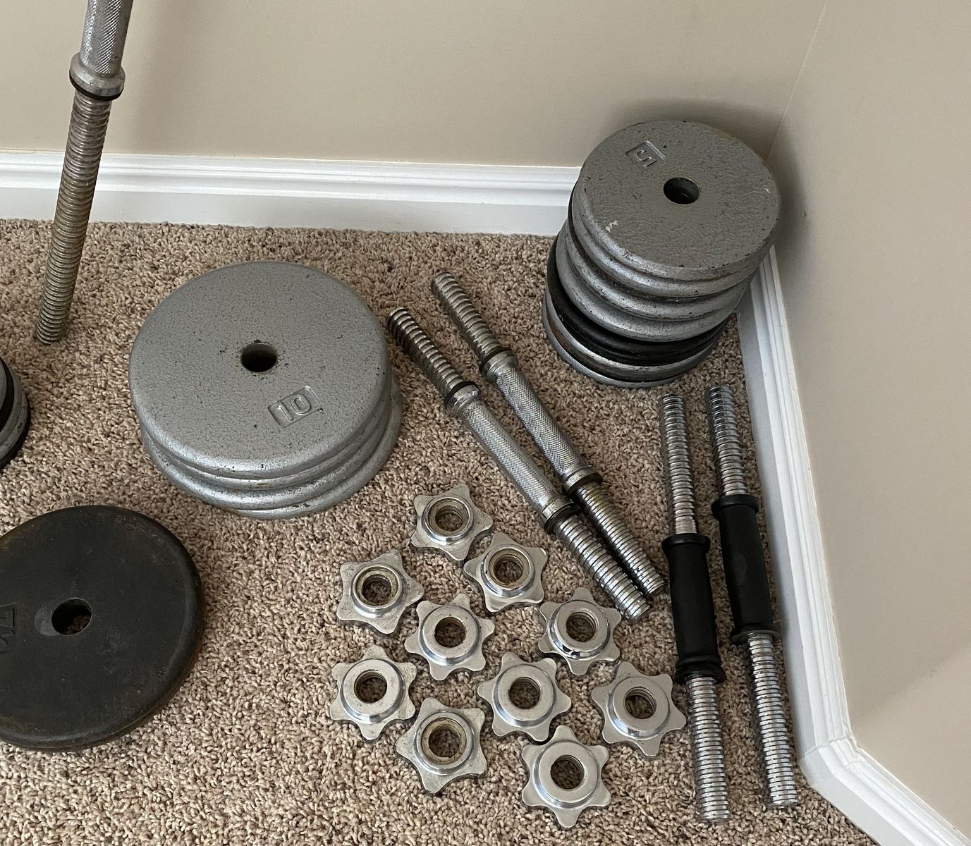 Weights, Dumbells, and Bar: Total of 110 Pounds