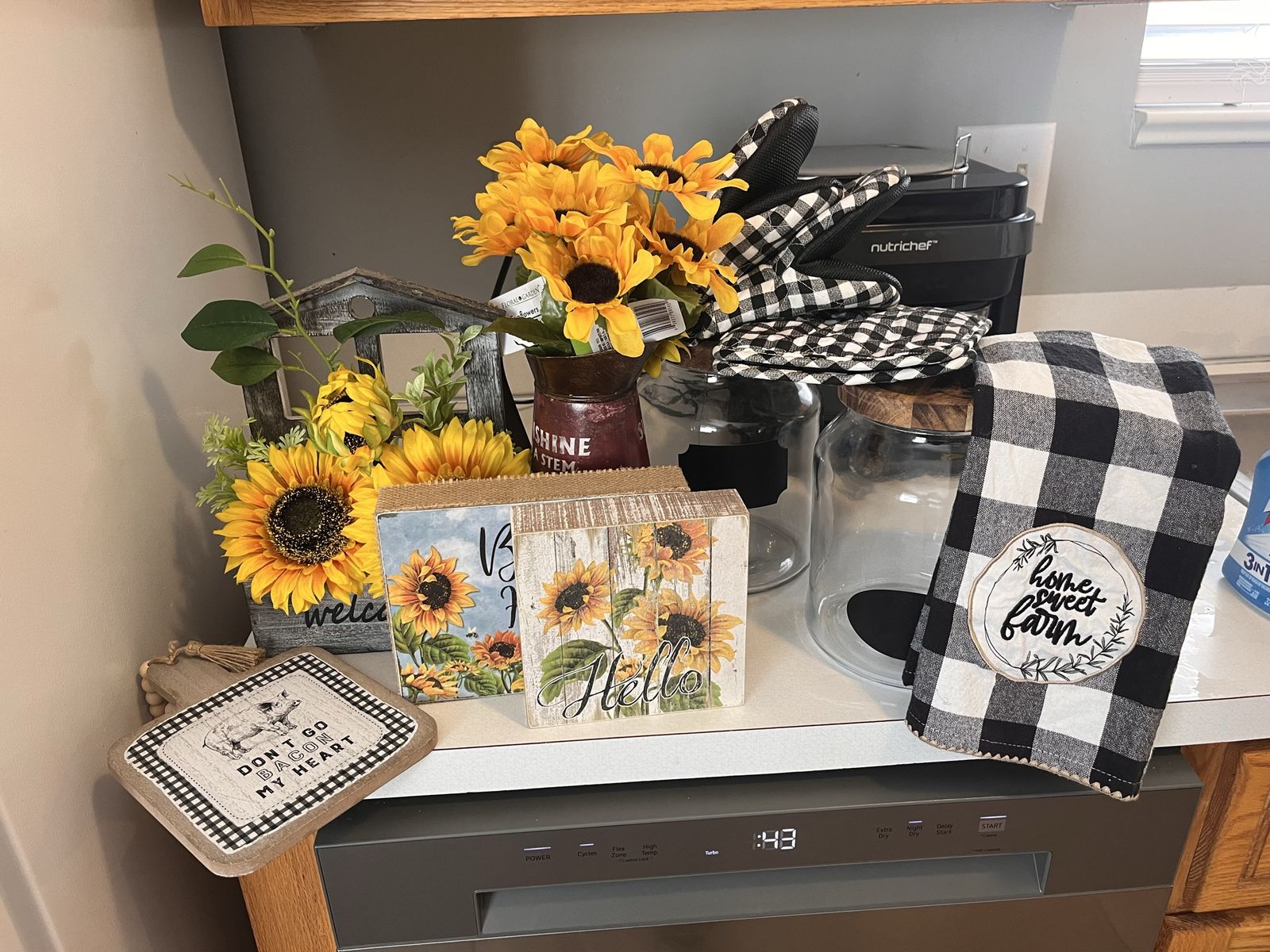 Rustic Farmhouse Sunflower Kitchen Decor Lot - Signs, Towels, Jars & Faux Floral