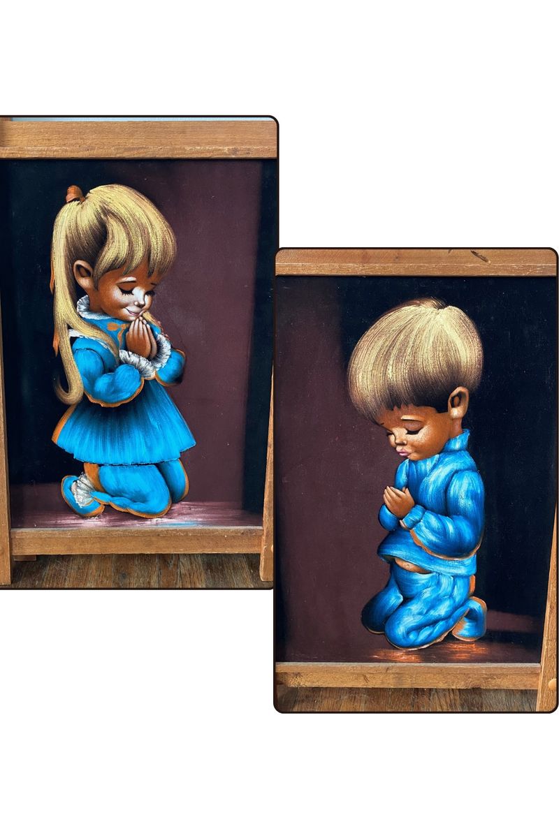 Vintage Framed Black Velvet Praying Children Paintings