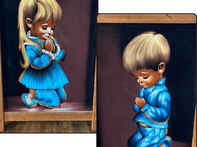 Vintage Framed Black Velvet Praying Children Paintings