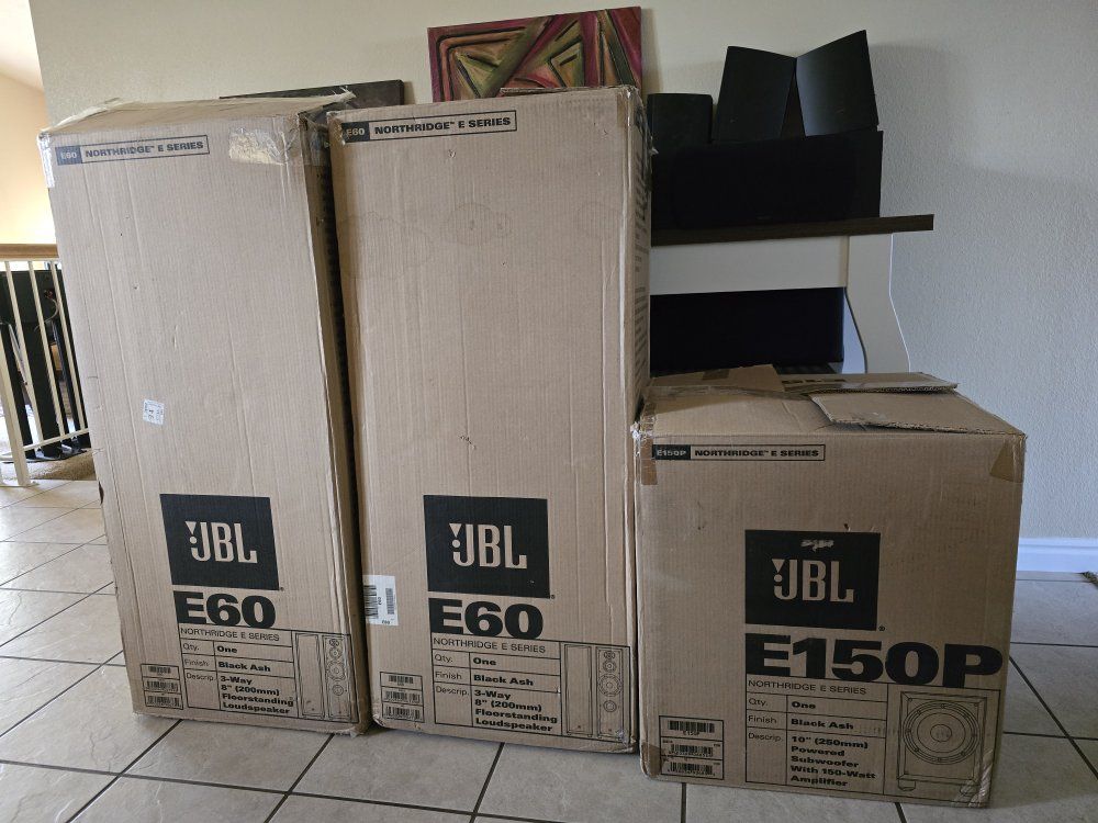 2 JBL E60 floorstanding speakers + 10" sub JBL E150P in brand new condition.