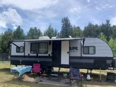 Toy Hauler Camer RV, ramp doubles as balcony