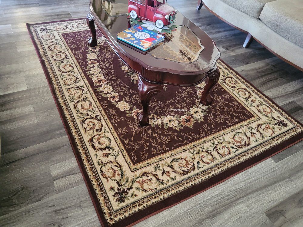 Cherry coffee table and floor rug