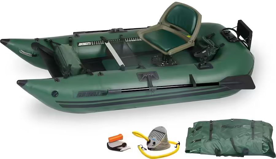Sea Eagle Frameless Fishing Boat with Swivel Seat, Oars, Pump, Motor Mount and Carry Bag
