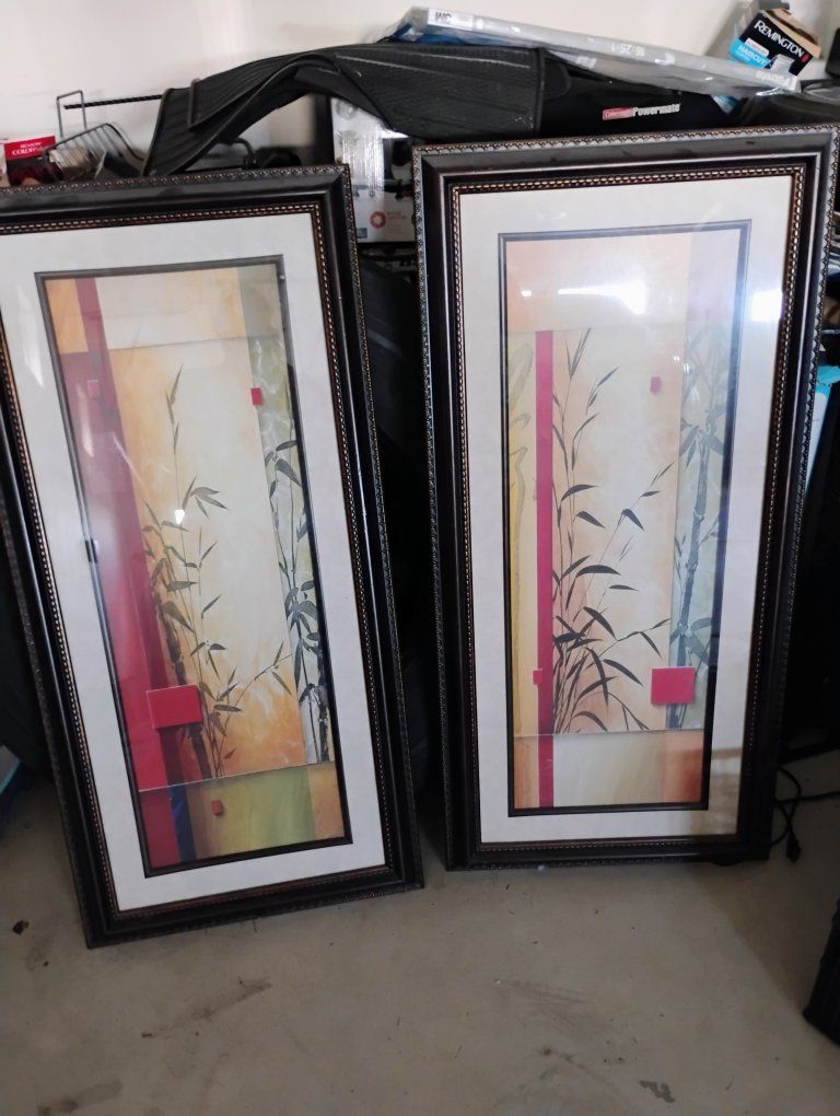 Set of 2 Framed Asian Bamboo Art Prints with Matte and Ornate Frames