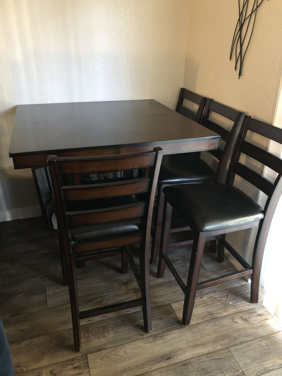 Dark Wood Counter-Height Dining Table Set with 4 Black Faux Leather Chairs - Compact Kitchen/Dining