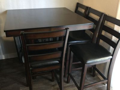 Dark Wood Counter-Height Dining Table Set with 4 Black Faux Leather Chairs - Compact Kitchen/Dining