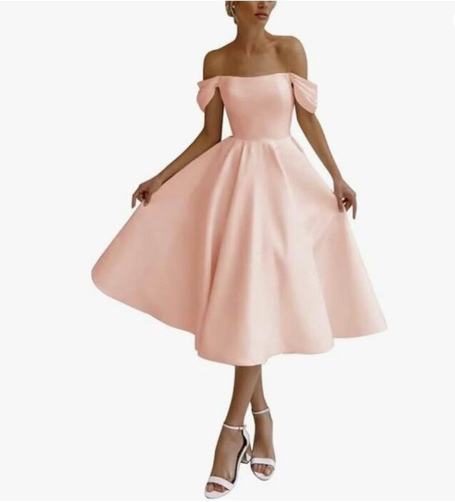 New Satin Peach off the shoulder tea length dress