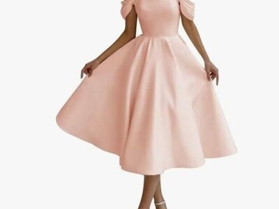 New Satin Peach off the shoulder tea length dress