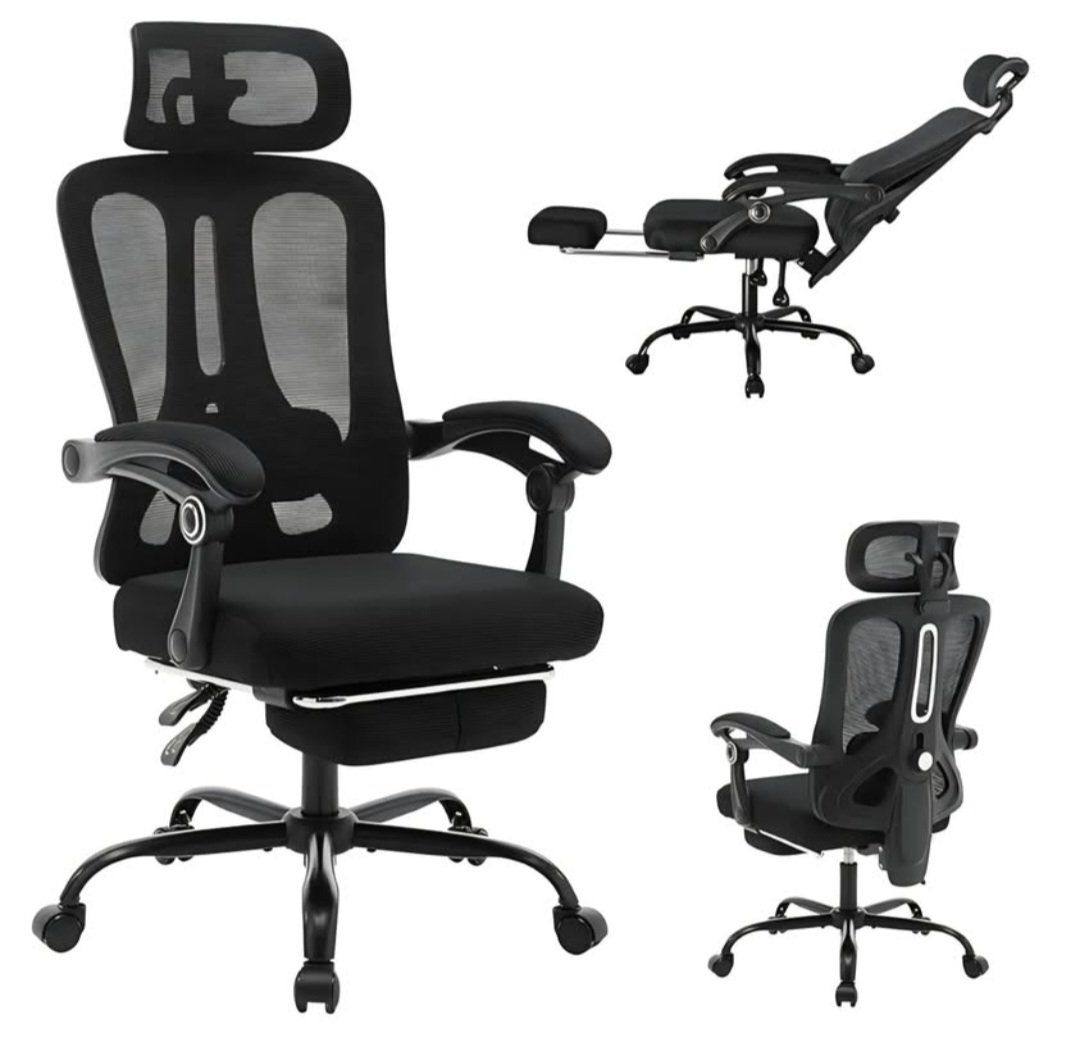 Ergonomic High-Back Office Chair with Footrest and Headrest, Mesh Desk Chair with Adjustable Lumbar Support, Rolling Swivel Comp