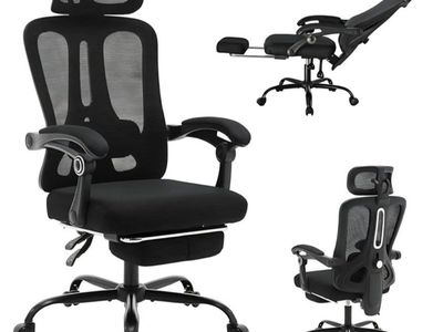 Ergonomic High-Back Office Chair with Footrest and Headrest, Mesh Desk Chair with Adjustable Lumbar Support, Rolling Swivel Comp