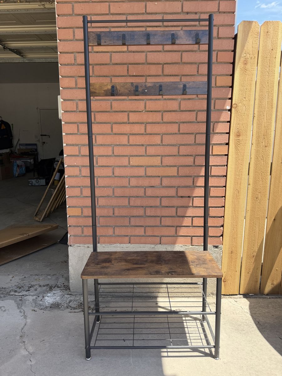 Industrial Style Hall Tree with Bench, Shoe Rack, and Coat Hooks