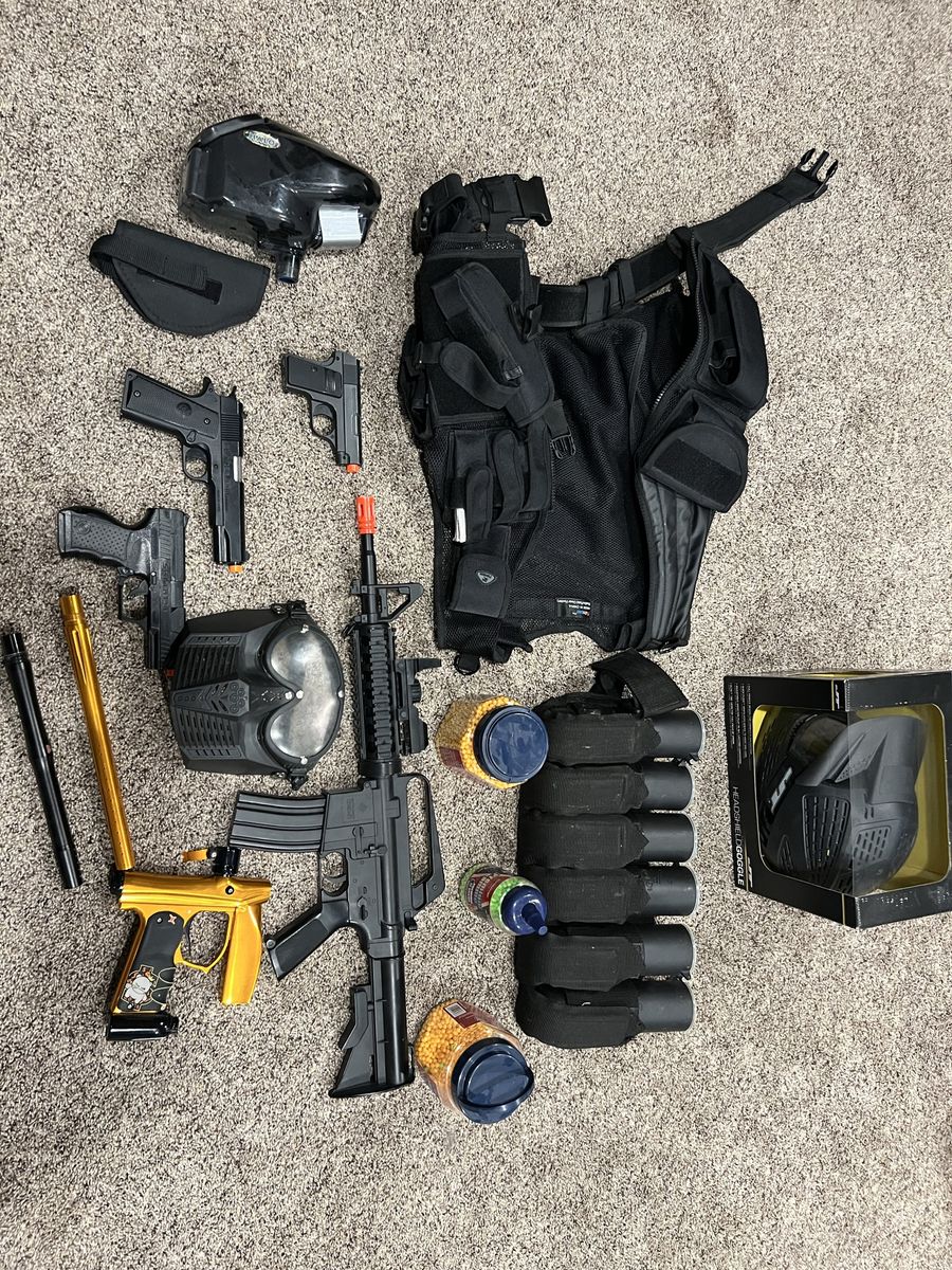 Airsoft and Paintball Gear Bundle - Markers, Pistols, Vest, Masks & Accessories