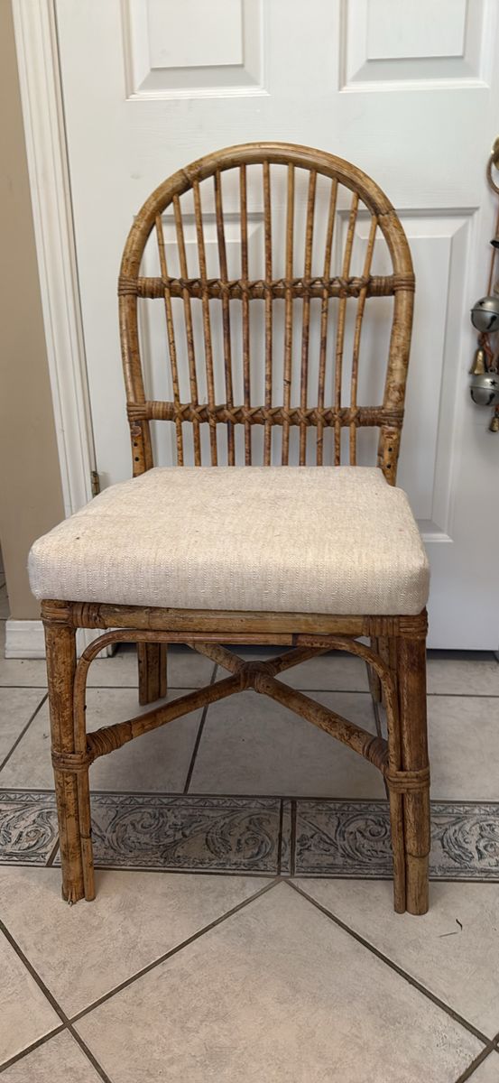 Vintage Rattan Dining Chair with Upholstered Seat - Classic Woven Cane Design