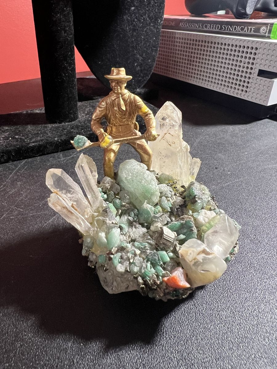 Vintage Brass Gold Miner on Crystal Geode Mineral Specimen - Unique Collectible Decor