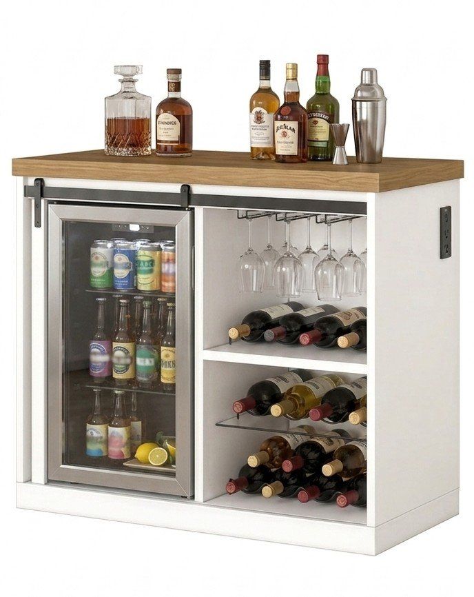 Modern Farmhouse Bar Cabinet with Fridge & Wine Rack - White/Wood Countertop