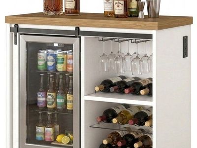 Modern Farmhouse Bar Cabinet with Fridge & Wine Rack - White/Wood Countertop