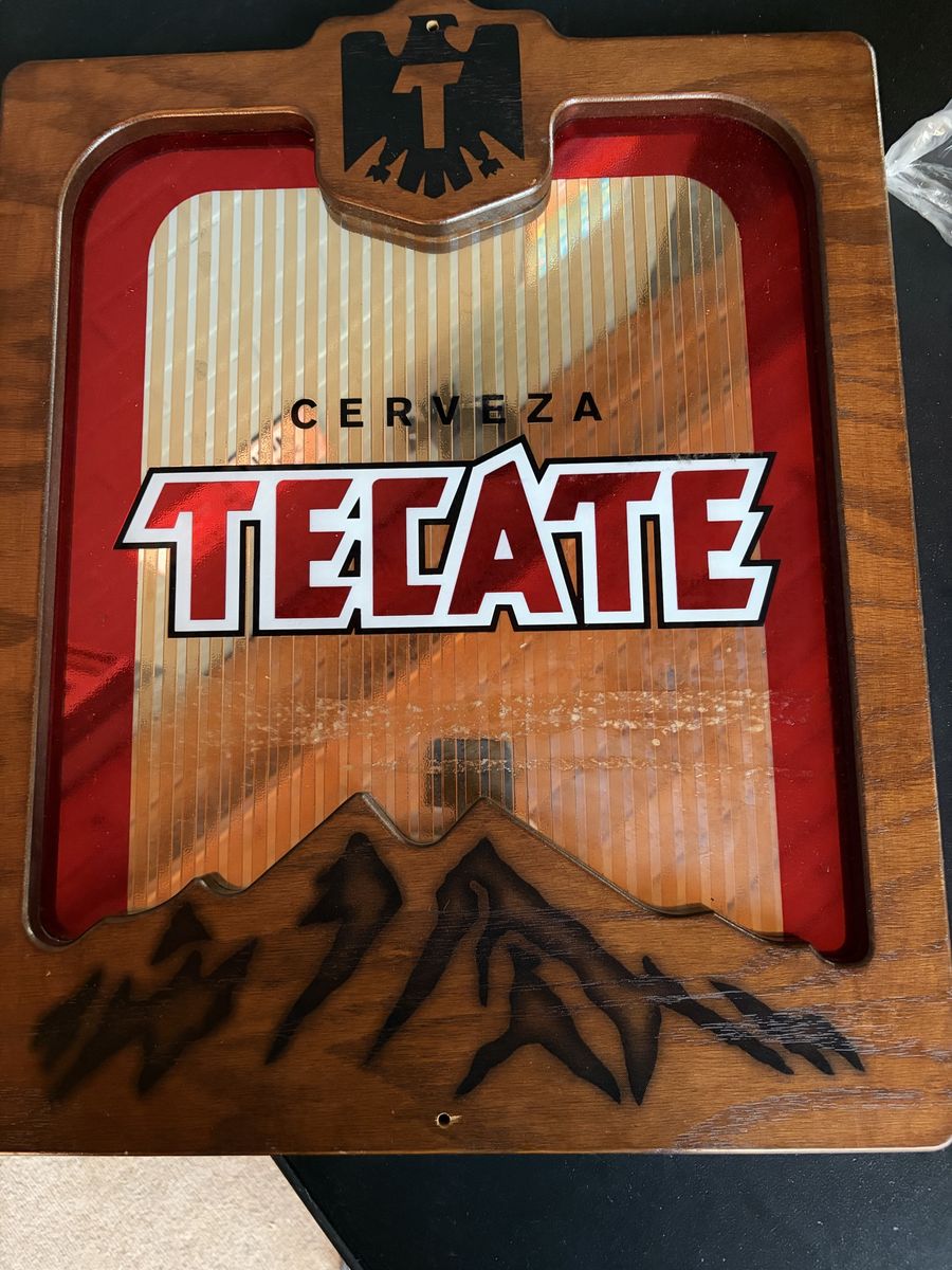 Tecate Cerveza Light-Up Mirror Bar Sign, Vintage Wooden Frame, "Cerveza Tecate" Logo