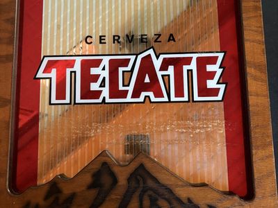Tecate Cerveza Light-Up Mirror Bar Sign, Vintage Wooden Frame, "Cerveza Tecate" Logo
