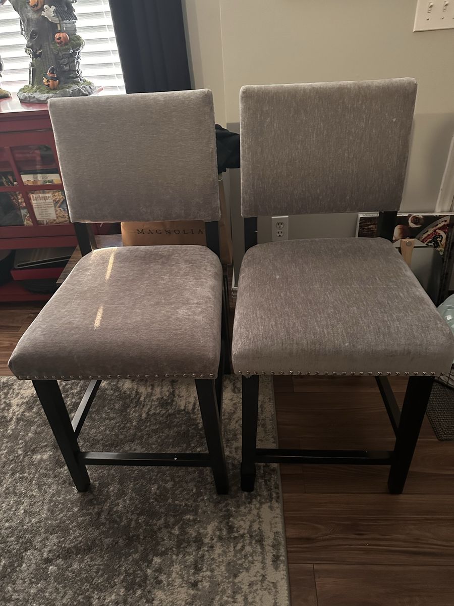 Pair of Grey Upholstered Counter Stools with Nailhead Trim