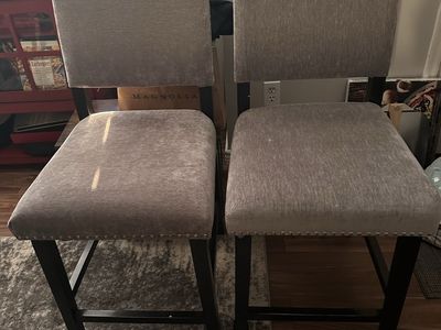 Pair of Grey Upholstered Counter Stools with Nailhead Trim