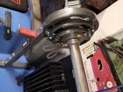 Olympic barbell, weights, rack and bench