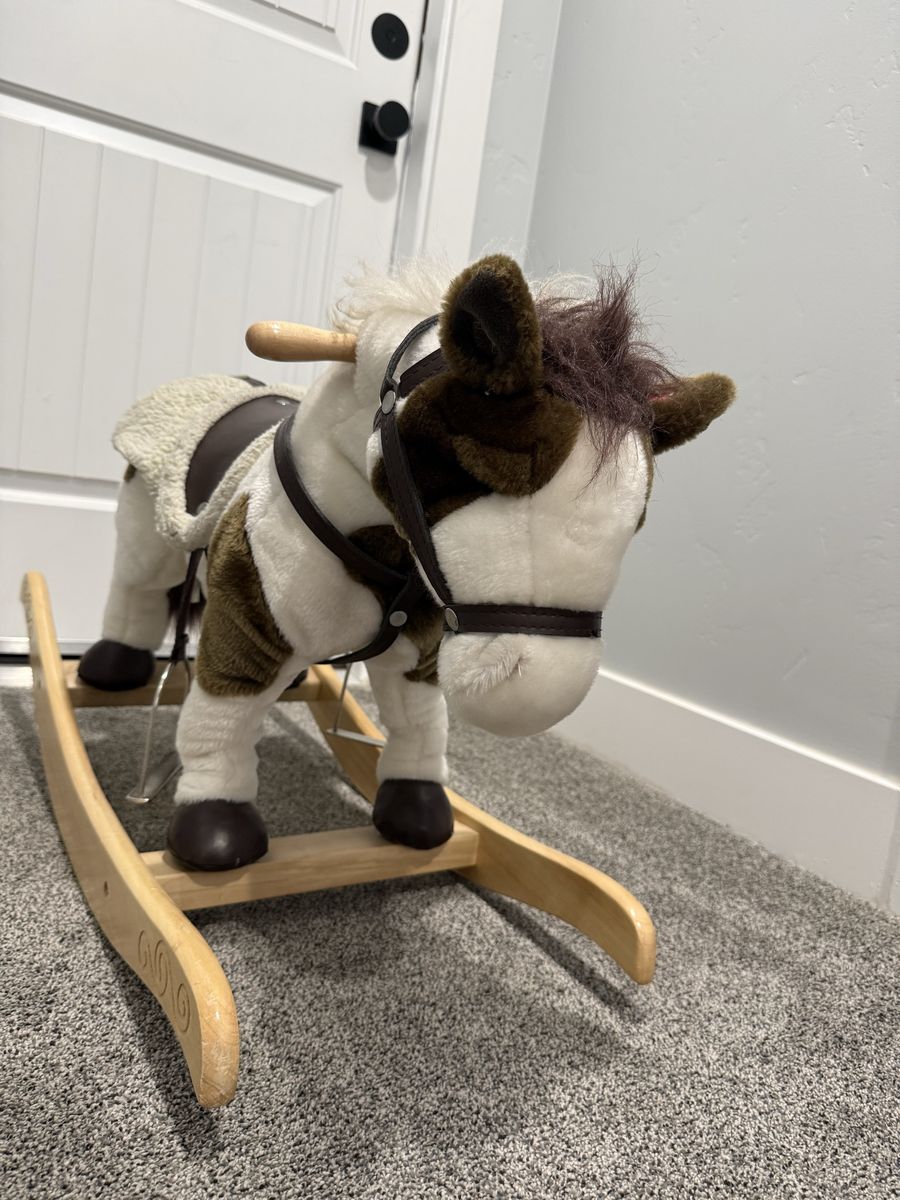 Plush Rocking Horse with Wooden Base and Saddle