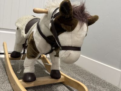 Plush Rocking Horse with Wooden Base and Saddle
