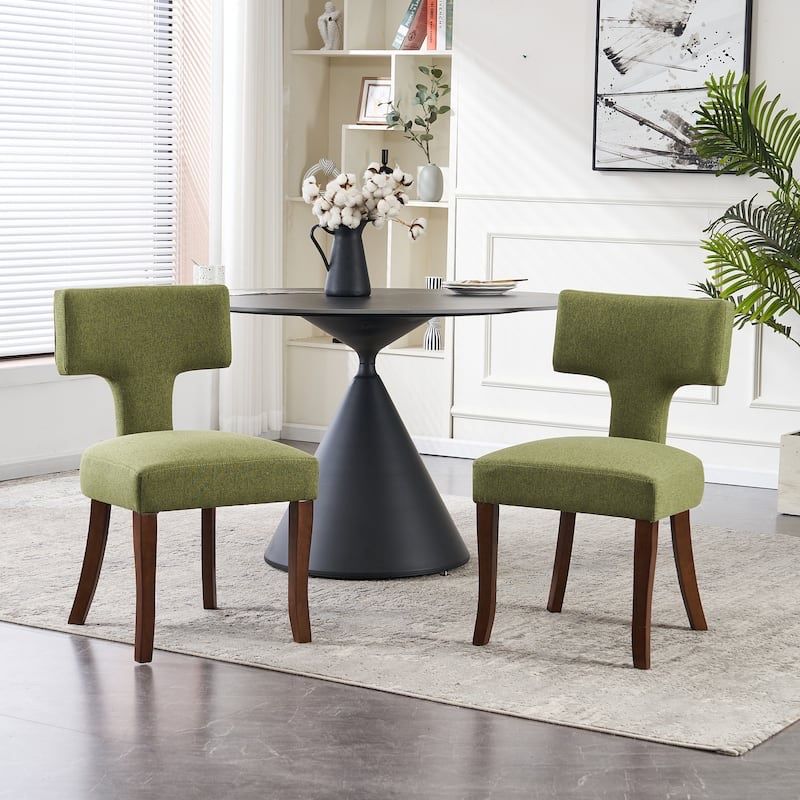 2 Mid-Century Modern Upholstered Dining Chairs, Green Fabric & Wood Legs, 32.7" High New in the box