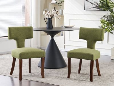 2 Mid-Century Modern Upholstered Dining Chairs, Green Fabric & Wood Legs, 32.7" High New in the box