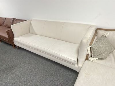 Vintage Light Beige Fabric Sofa with Exposed Stitching & Turned Wooden Legs