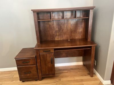 Wooden Computer Desk with Hutch and Rolling File Cabinet