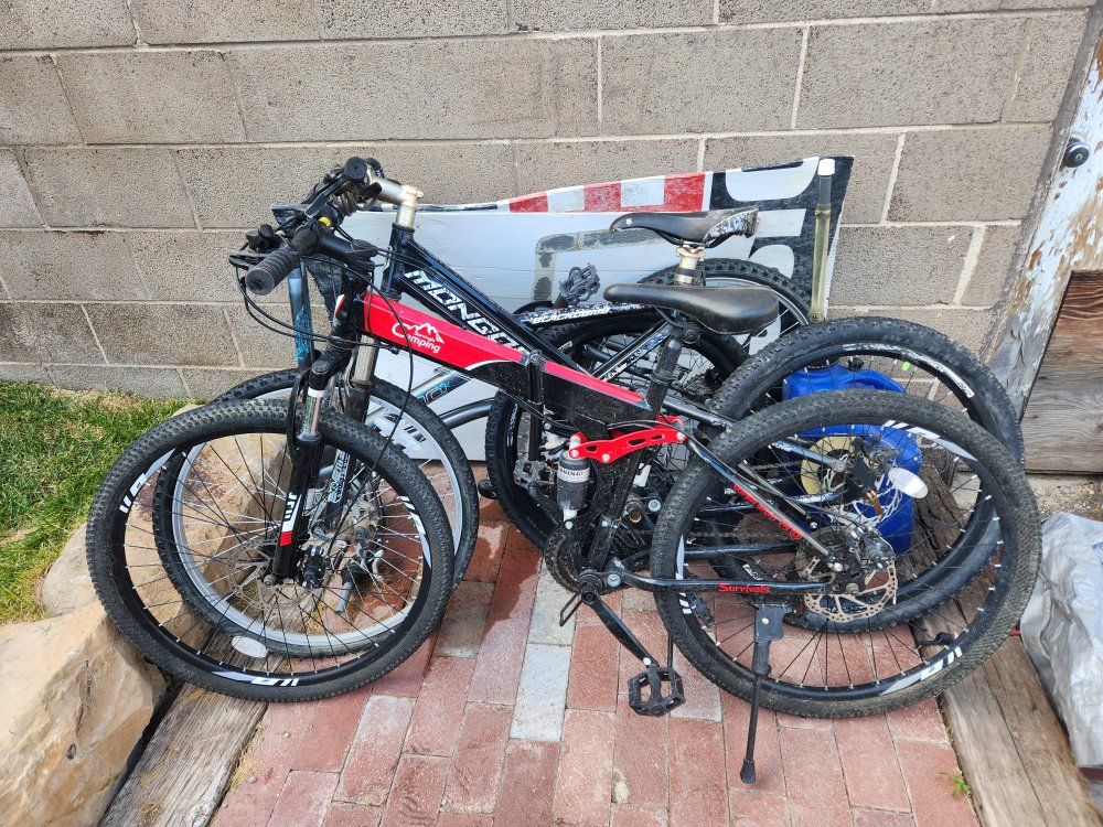 Survivials Camping Full Suspension Mountain Bike - Black & Red, Disc Brakes