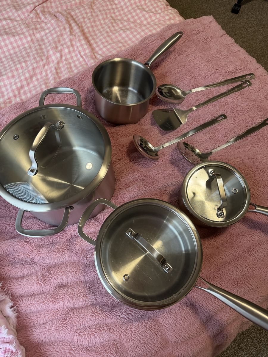 Stainless Steel Cookware Set with Glass Lids and Utensils - Pots, Pans & Serving Utensils