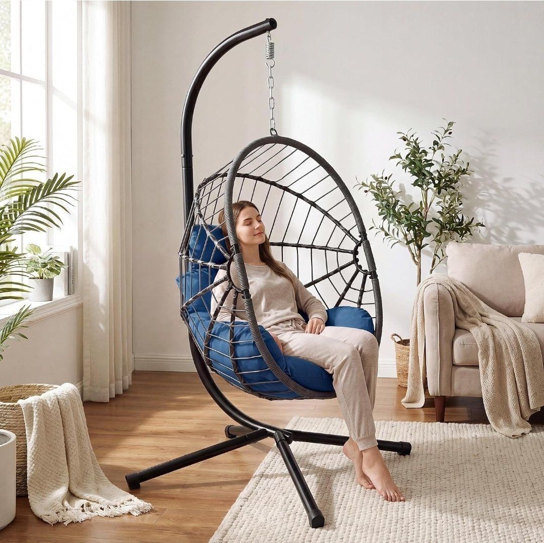New Hanging Egg Chair with Stand - Grey Wicker and Blue Cushions