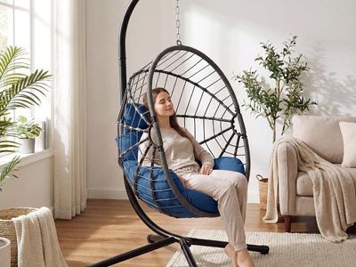 New Hanging Egg Chair with Stand - Grey Wicker and Blue Cushions
