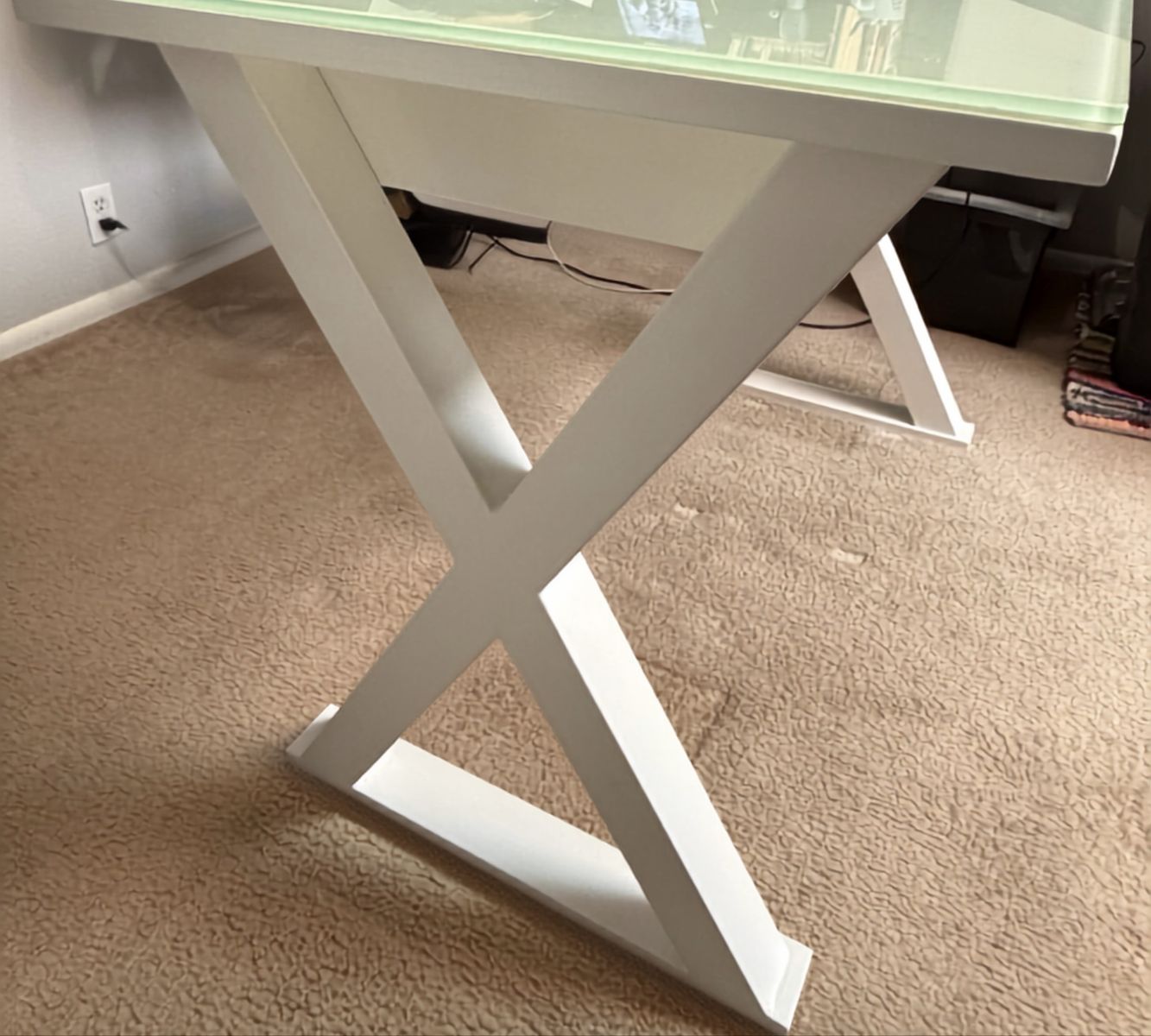 Modern White Glass Top Office Desk with X-Frame Legs and Storage Drawer